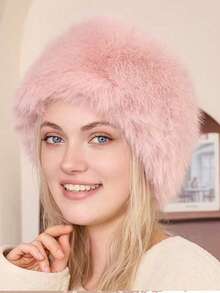 White Faux Fur Round Hat, Fluffy Plush Winter Headwear, Warm Outdoor Street Travel Accessory For Cold Weather - Multicolor - View 7