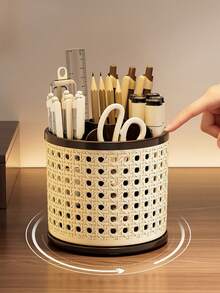 2pcs/1pc Retro Rattan‑Look Rotating Pen Holder, Multi‑Slot Makeup Brush Storage Organizer, Large‑Capacity Desktop Container, Vanity Cosmetic Brush Holder, Hollow Stylish Desk Organizer For Office & Student Stationery - Multicolor - View 5