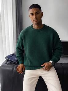Sweater Pullover Pria Kasual Longgar Warna Polos, Streetwear Gaya Amerika, Leher Bulat, Lengan Panjang, Serbaguna, Musim Gugur/Dingin - Dark Green - View 1
