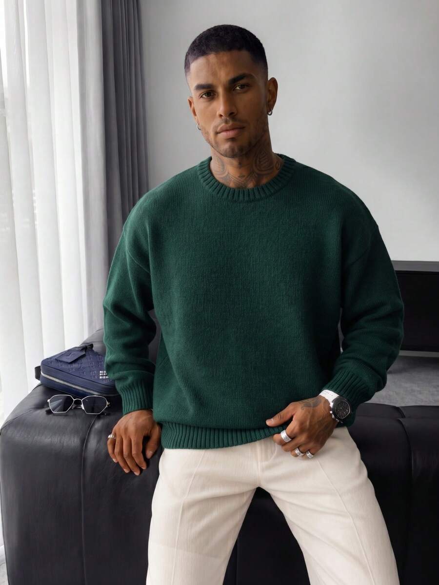 Sweater Pullover Pria Kasual Longgar Warna Polos, Streetwear Gaya Amerika, Leher Bulat, Lengan Panjang, Serbaguna, Musim Gugur/Dingin - Dark Green - View 1