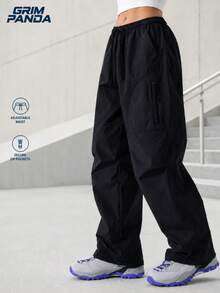 GRIM PANDA Women Parachute Cargo Pants Elastic Drawstring Waist Zipper Side Pockets Loose Straight Fit Casual Travel Daily Long Trousers Sports - Black - View 5