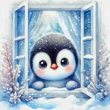 1PC | 5D DIY Diamond Painting | Penguin In Snowy Landscape Window View Diamond Painting Kit, Round Full Drill Mosaic Craft Set, High Definition Art Diamond Painting, Focus And Relax Through DIY, Suitable For Living Room, Bedroom, Office Wall Decor, Surprise Holiday Home Decor Gift For Family And Friends, Unframed - round diamond - View 1