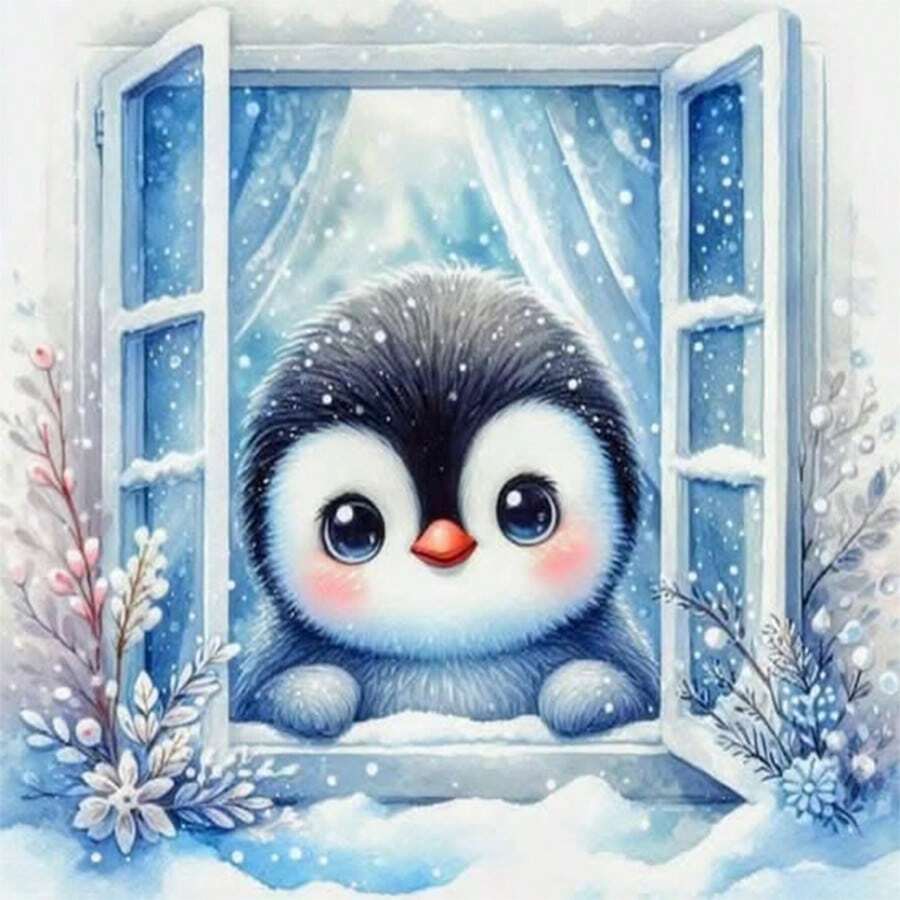 1PC | 5D DIY Diamond Painting | Penguin In Snowy Landscape Window View Diamond Painting Kit, Round Full Drill Mosaic Craft Set, High Definition Art Diamond Painting, Focus And Relax Through DIY, Suitable For Living Room, Bedroom, Office Wall Decor, Surprise Holiday Home Decor Gift For Family And Friends, Unframed - round diamond - View 1