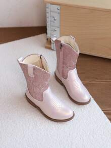 1雙女童刺繡中筒靴，兒童亮片中筒靴附側拉鍊，防滑復古時尚靴 - 粉色 - 查看 5