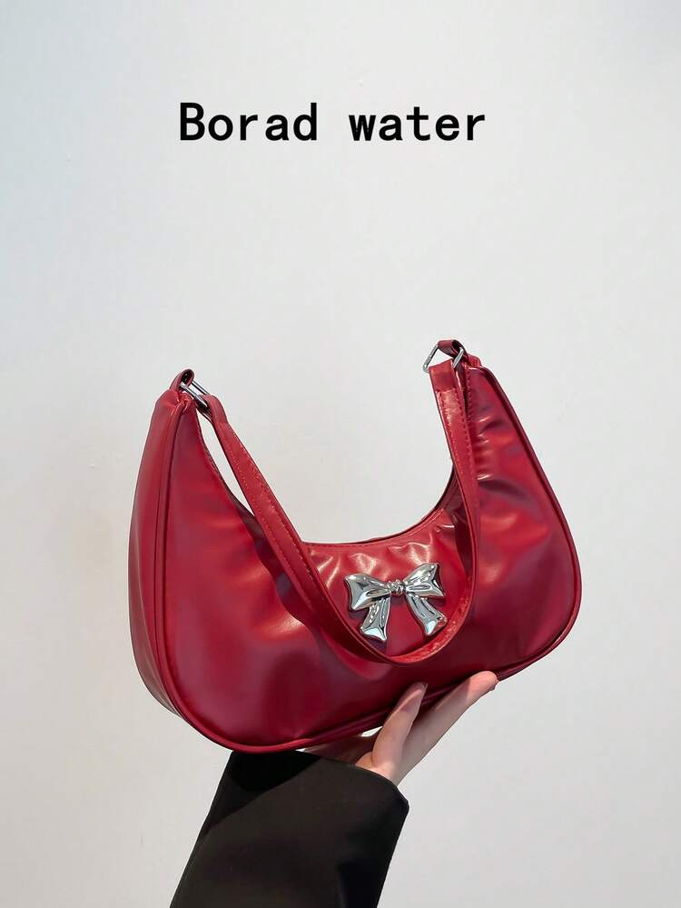 Autumn New Fashion Metal Bowknot Decor Handbag Casual PU Crescent Moon Faux Pearl Chain Solid Color Elegant Curved Crescent Moon Underarm Shoulder Bag For Women - Burgundy - View 1