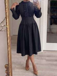 Solid Color Elegant Conservative Lace Patchwork Wedding Formal Evening Party Daily Commute Dress - Black - View 7