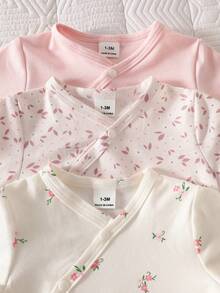 3 Sets Newborn Baby Girl Cute Light Pink Ditsy Floral Long Sleeve Romper Outfit, Soft And Comfortable, Suitable For Autumn School Wear - Baby Pink - View 7
