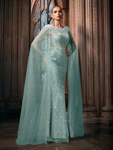 Women' Beaded Rhinestone Mermaid Evening Dress With Cape Sleeves & Mermaid Tail Train - Boat Neck Open Back Maxi Gown Suitable For Wedding, Prom, - Light Blue - View 7
