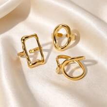 3pcs Luxury Style Hollow Geometric Stainless Steel Gold Plated Open Ring Set For Women, Suitable For Daily Wear, Dating, Shopping, Party - As Shown - View 2