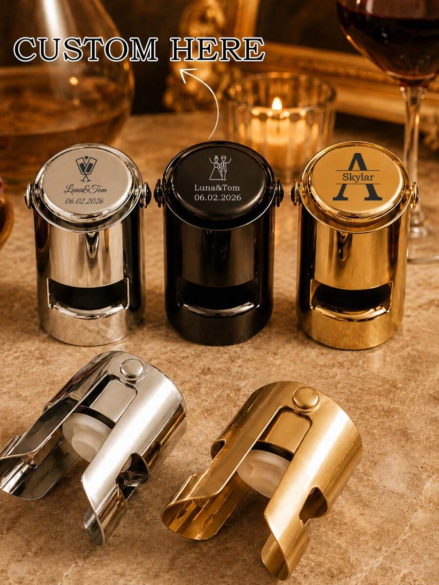 1pc Personalized Customized Stainless Steel Champagne Short Bottle Stopper, Customizable Text & Name Prosecco Sparkling Wine Sealing Cap With Double Ears, Fresh-Keeping Wine Pourer For Birthday Party, Wedding, Housewarming, Christmas, Kitchen, Bar (Not Suitable For Red Wine Bottles) - Multicolor - View 1
