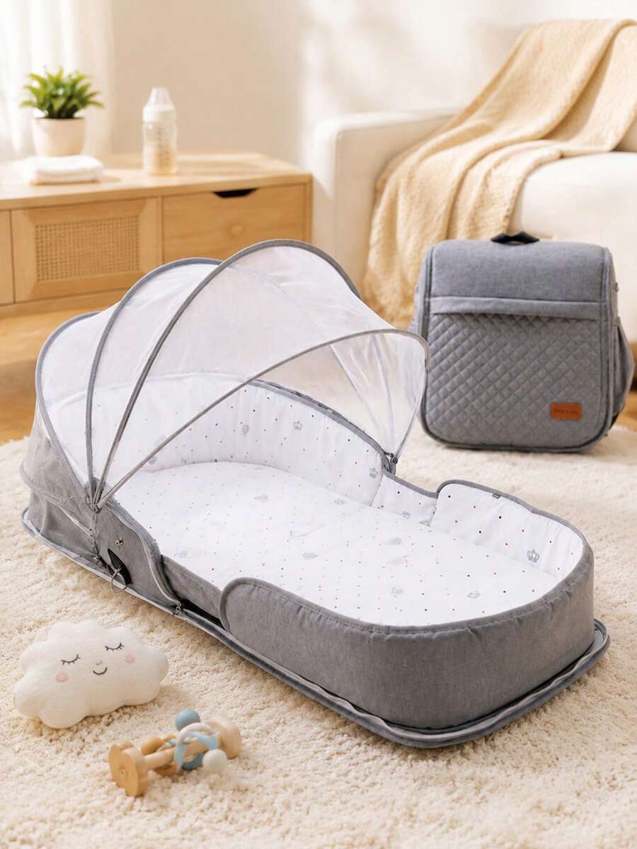 Portable Baby Travel Bed With Mosquito Net, Foldable Newborn Lounger Cradle, Gray Solid Breathable Sunshade Baby Bed For Outdoor And Travel - Multicolor - View 1