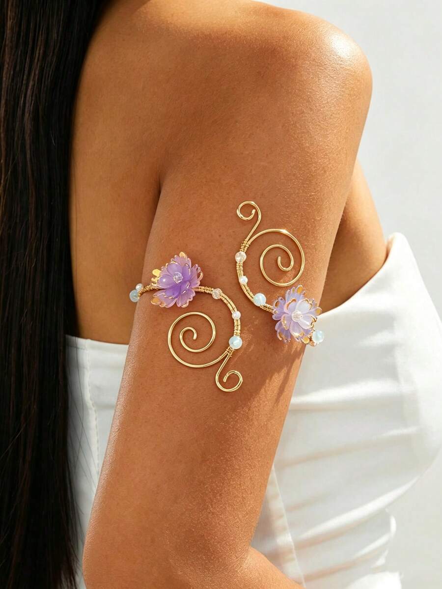 1pc Fashion Niche Design Summer Vacation Vibe Elegant Light Purple Flower Shaped Adjustable Arm Cuff For Women - Purple - View 1