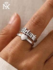Customized Ring, Customized Old English Name Ring, Personalized Double Layer Hollow Name Ring, Stainless Steel Open Adjustable Ring, Daily Finger Jewelry, Women's Vintage Jewelry - Multicolor - View 3