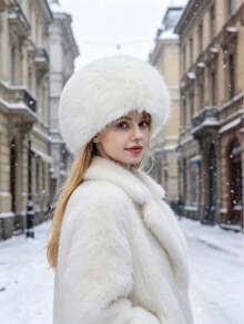 White Faux Fur Round Hat, Fluffy Plush Winter Headwear, Warm Outdoor Street Travel Accessory For Cold Weather - Multicolor - View 4