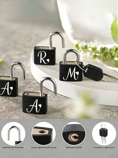 White Heart & Letter Pattern Portable Small Luggage Padlock, Padlock With 2 Keys, Black Shell Luggage Lock, Compact And Durable, Luggage Lock, Mini Suitcase Padlock, Travel Bag Metal Key Lock, Long-Lasting, Small Brass Lock With Shell, Backpack, Suitcase, Laptop Bag, Back To School, Graduation Season Gift, Christmas, Halloween