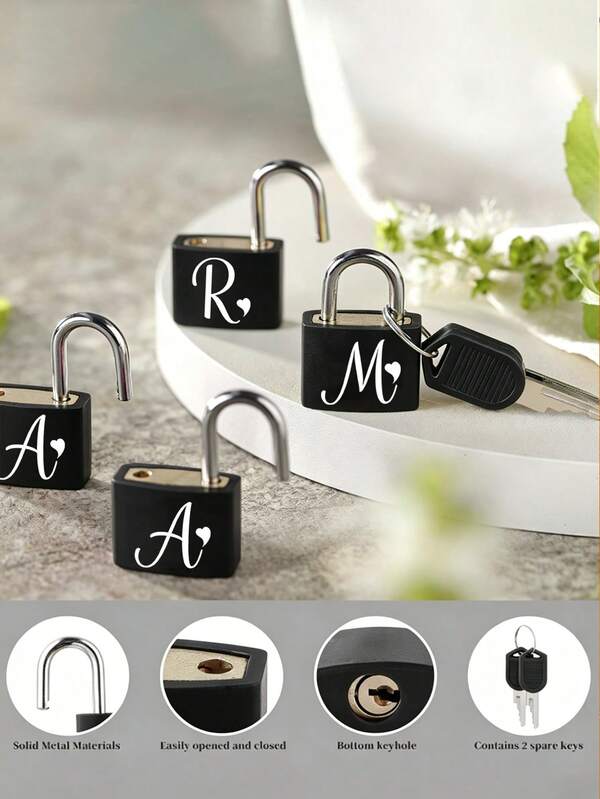 White Heart & Letter Pattern Portable Small Luggage Padlock, Padlock With 2 Keys, Black Shell Luggage Lock, Compact And Durable, Luggage Lock, Mini Suitcase Padlock, Travel Bag Metal Key Lock, Long-Lasting, Small Brass Lock With Shell, Backpack, Suitcase, Laptop Bag, Back To School, Graduation Season Gift, Christmas, Halloween