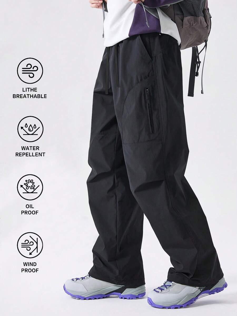 GRIM PANDA Women Parachute Cargo Pants Elastic Drawstring Waist Zipper Side Pockets Loose Straight Fit Casual Travel Daily Long Trousers Sports - Black - View 1