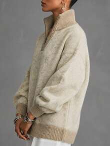 Plus Size Half Zip Collar Fluffy Knit Sweater, Long Sleeve Loose Slim‑Look Pullover Fall Winter Commute Casual Top - Camel - View 7