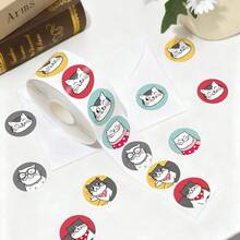 500pcs Cute Cat Doodle Roll Stickers, 1 Inch Round, 8 Patterns, Minimalist Cartoon Hand-Drawn, Perfect For Baking Gift Box Sealing, Party Favor Packaging, Scrapbooking, Kids Reward Stickers, Creative Express Packaging, Market Stall Decoration - Multicolor - View 2