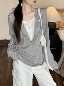 Women's 2 In 1 Long Sleeve T-Shirt, Niche Loose Slouchy Casual Design Top - Light Grey - View 2