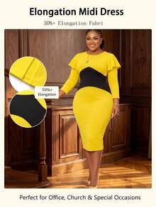NOU Women's Mid-Length Fashionable Elegant Comfortable Workplace Wear Round Neck Ruffle Sleeve Waist Colorblock Patchwork Dress Party DateComfortable - Yellow - View 10