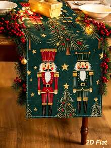 1pc Christmas Linen Green Table Runner With Nutcracker&Christmas Tree&Star Topper Pattern, 183*33cm Christmas Tablecloth, Table Cover, Merry Christmas Decoration, Xmas Decor, Christmas Table Decoration, Winter Home Decor, Holiday Party Decoration - Multicolor - View 2