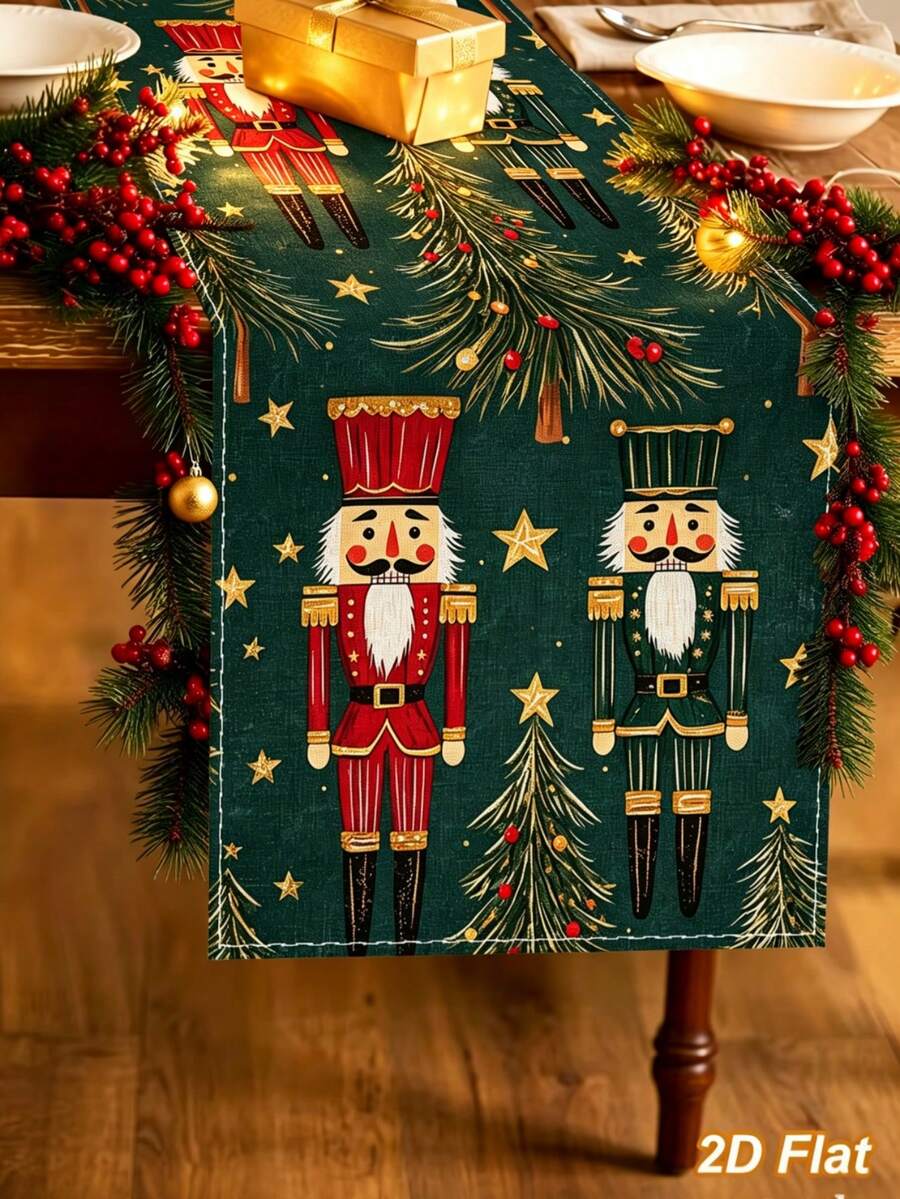 1pc Christmas Linen Green Table Runner With Nutcracker&Christmas Tree&Star Topper Pattern, 183*33cm Christmas Tablecloth, Table Cover, Merry Christmas Decoration, Xmas Decor, Christmas Table Decoration, Winter Home Decor, Holiday Party Decoration