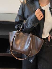 Solid Color Large Capacity Tote Bag Casual Bookbag Dual Handle Design Magnetic Closure Shoulder Bag Suitable For Travel Shopping Dating Office - Coffee - View 6
