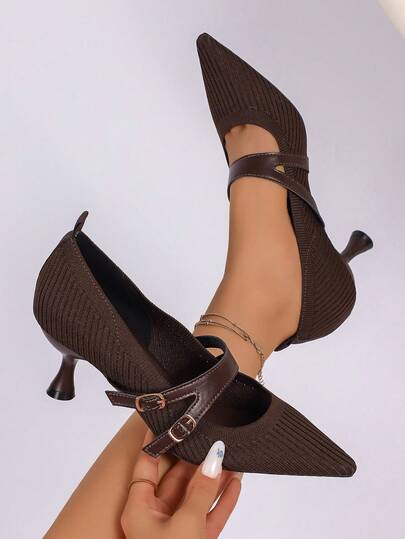 Vintage Brown Pointed Toe Kitten Heel Mary Jane Pumps For Women, Double Buckle Design, Elegant Commuter Stiletto Heels, Versatile Soft Upper Mid-Heel Fashion Shoes For Work, Party, Date And Casual Wear