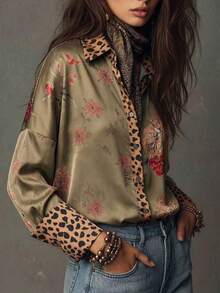 Plus Women Printed Blouse With Leopard Print Cuff Design, Fashionable Elegant Casual Commute Daily Wear Shirt - Green - View 3