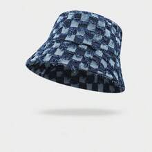 1pc Distressed Denim Plaid Brushed Bucket Hat, Minimalist Unique Style, All-Season Outdoor Beach Sun Protection Hat - Fisherman's Hat - View 3