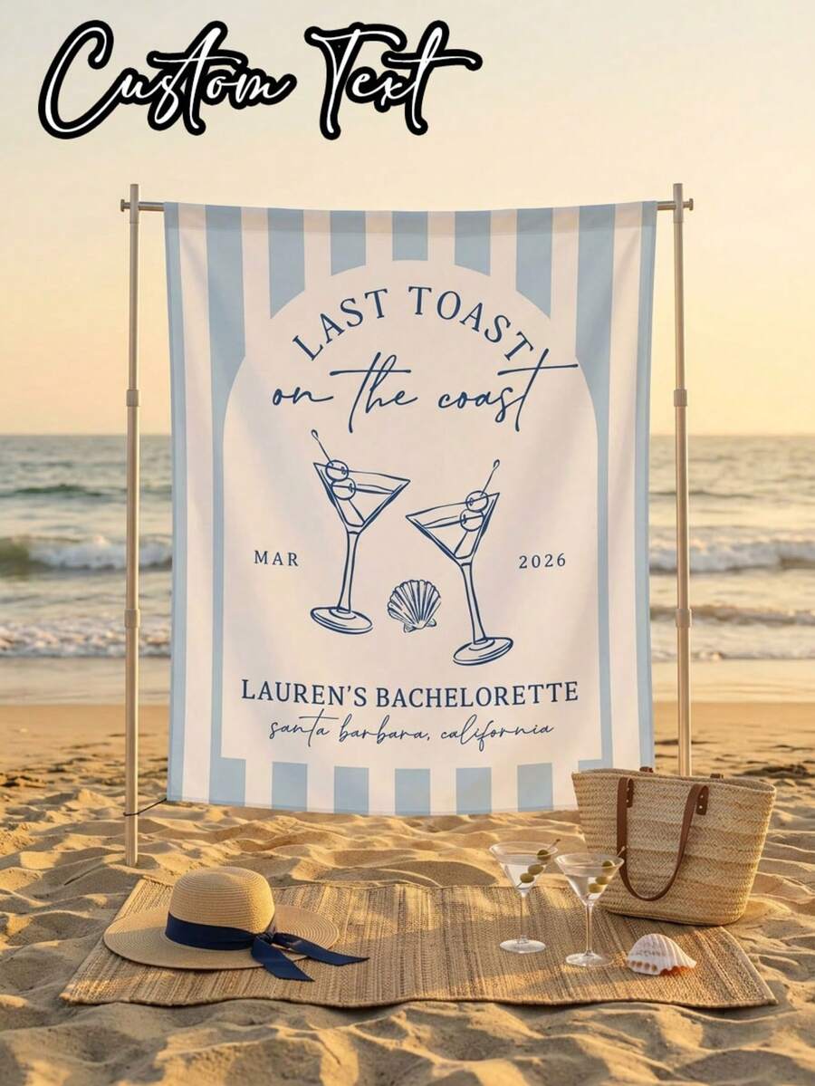1pc-Personalized Tapestry Last Toast On The Coast Bachelorette Banner | Coastal Bach Photo Backdrop | Beach Bachelorette Decor | Coastal Bachelorette Party Decor Tapestry Custom Decor - Multicolor - View 1