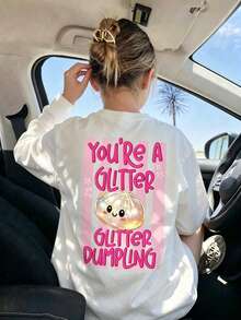 Girls Cute Cartoon Dumpling Pattern Long Sleeve T-Shirt, You're A Glitter Dumpling Letter Print Round Neck Loose Casual Daily Soft Top - White - View 7
