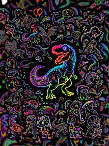 50Pcs Brilliant Neon Outline Dinosaur Pp Stickers, Cartoon Patterns Of T‑Rex And Triceratops In Various Poses And Patterns, Suitable For Luggage, Helmet, Guitar, Scrapbook, Water Bottle - Multicolor - View 1