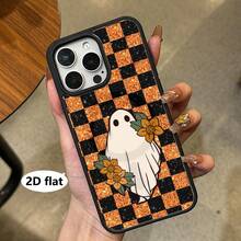 1 buah Casing Ponsel Minimalis Motif Hantu Putih Lucu dengan Latar Belakang Kotak-kotak Kontras Hitam & Oranye, Kompatibel dengan Seri Apple, Casing Ponsel Apple 16 Pro Max, 11/12/13/14 Plus/XR/7/8 Plus/15 Pro Max, dan Kompatibel dengan Seri [Versi Internasional, Bukan Versi Lokal] - Hitam - View 1