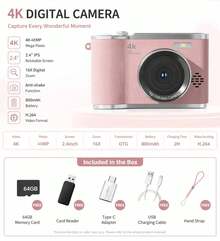 Digital Camera,Autofocus 4K Vlogging Camera For  With SD Card,64MP Portable Compact Point And Shoot Digital Camera For Teens Adult Beginner With 16X Zoom,Anti-Shake,2 Batteries (White) - View 4