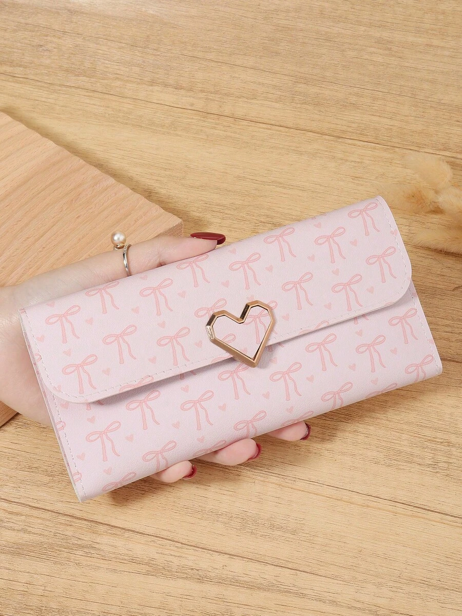 New Women's Long Button Wallet, Three Fold Multi Card Slot Multifunctional Wallet, Metal Heart Decoration, Suitable For Outdoor Travel - Pink - View 1