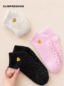 CLIMPRESSION Women's Fluffy Coral Fleece Socks, Cute Heart Embroidered Non-Slip Slipper Socks, Warm Soft Comfortable Winter Sleep Home Socks - Hot Pink - View 7