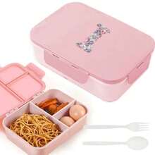 3-Compartment Travel Bento Lunch Box With Flip Lid, Leak-Proof Portable Meal Container For Outdoor Activities, Breakfast And Meal Prep, Kitchen Accessory, Camping Essential, Rose Flower With 26 Alphabet Initials Pattern - Pink - View 27