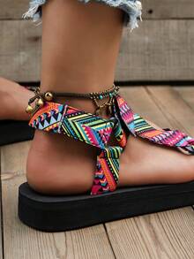 Sandalias de mujer con estampado geométrico y tiras finas, sandalias deportivas planas de estilo bohemio con correa de tobillo, zapatos casuales de playa con punta abierta para caminar - Rosa Roja - Ver 8