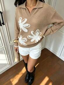 Women's Fashion Jacquard Knit Polo Collar Sweater, Floral Pattern, Long Sleeve Regular Fit Loose Pullover, Suitable For Autumn/Winter Daily Wear - Khaki - View 6
