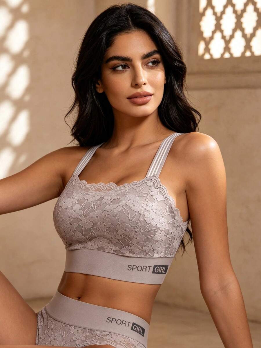 Temptuelle Women Lingerie: Lace Wrapped Chest Backless Vest With Padding, Prevent Light-Transmission Bra, Push-Up Bra With Soft And Breathable Texture - Khaki - View 1