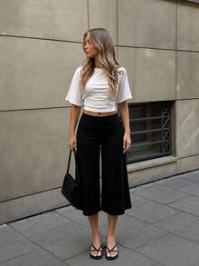 Women's High Waist Folded Hem Cropped Wide Leg Pants, Slimming Versatile Sports Home Wear Mid-Length Pants Black Summer - Black - View 2