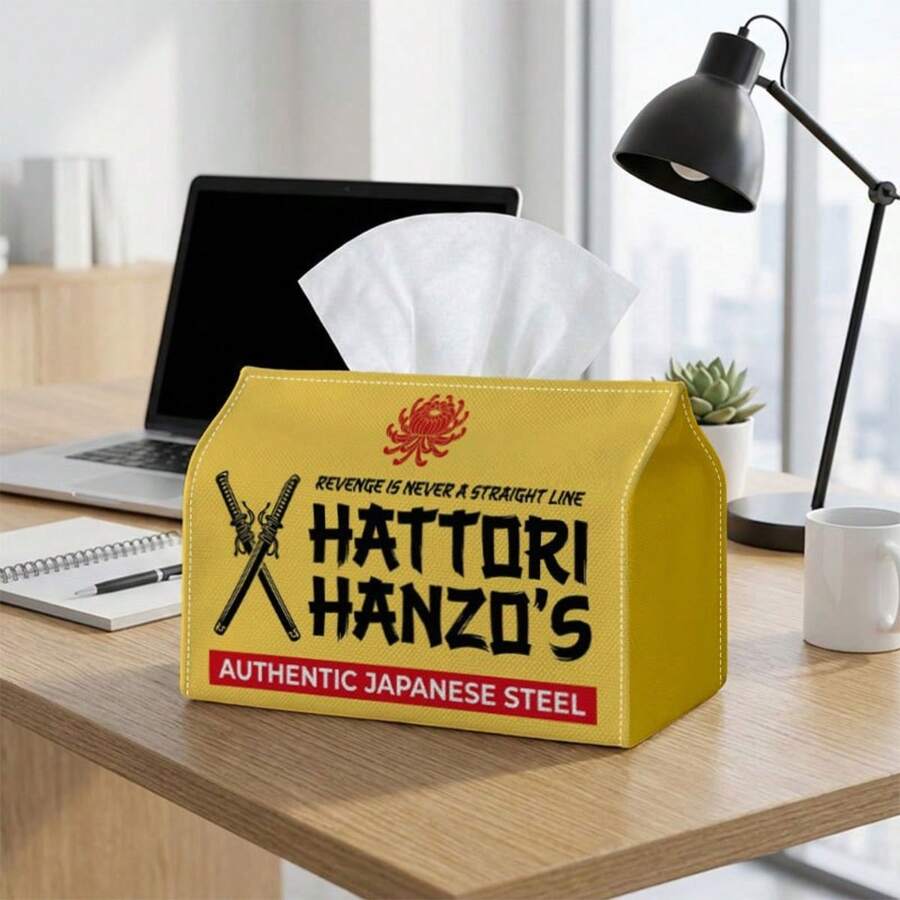 1pc Japanese Retro Tissue Box Cover With Samurai Sword And Kanji Print - Space-Saving Napkin Storage Box, Suitable For Home, Office, Car, Party - Durable Polyester Fabric Decorative Storage, Holiday Decor, Sturdy Napkin Box, 2D Flat Design - Multicolor - View 1