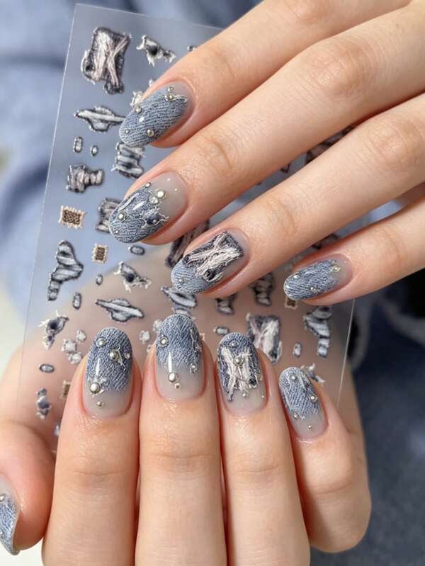 1 Sheet 5D Embossed Denim Ripped Nail Stickers, Y2K Vintage Self‑Adhesive Nail Decals, Cool Street Style Fashion Nail Art Decorations For Manicure