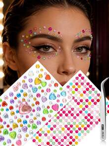 2/4 Sheets Love Square Flower Face Sticker, Stage Makeup Decal, Self-Adhesive Glue-Free Eye Makeup Rhinestone Decoration, Suitable For Holidays, Parties And Events, Nail Art Decoration, Concert Look, Create Clear Atmosphere Makeup Look - Multicolor - View 15