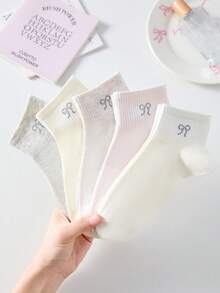 5雙女款可愛甜美透氣蝴蝶結圖案短隱形船襪，短襪與踝襪，白色襪子、粉色襪子，學院風，適合日常休閒穿著，適用春夏秋冬 - 彩色 - 查看 8