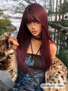 alicegarden 24 Inch Long Synthetic Wig, Natural Straight Style, Stunning Burgundy Red, With Bangs, Suitable For Women's Daily, Party, Cosplay Use, Natural And Durable, Women's Wig Gift - Burgundy - View 3