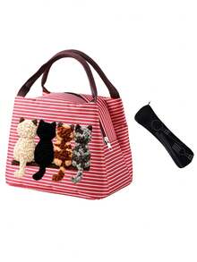 2D Plush (4 Cats) Back View Striped Lunch Box, Pet Pattern Tote Bag,Portable Picnic Bag, Unisex Lunch Bag, Zipper Closure, Suitable For Cat Lovers,An Excellent Gift Choice For Students, Teachers, Birthdays, Or Anniversaries. - Multicolor - View 15