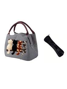 2D Plush (4 Cats) Back View Striped Lunch Box, Pet Pattern Tote Bag,Portable Picnic Bag, Unisex Lunch Bag, Zipper Closure, Suitable For Cat Lovers,An Excellent Gift Choice For Students, Teachers, Birthdays, Or Anniversaries. - Multicolor - View 13